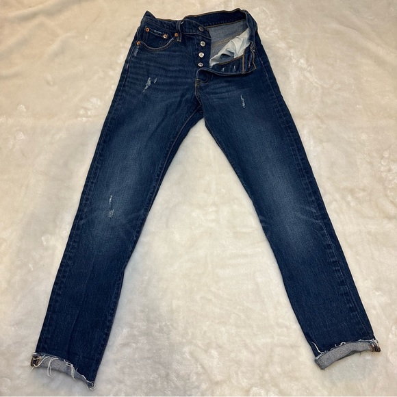 Levi's 501 Original Fit High Waist Distressed Raw Hem Dark Denim Jeans Size 25 - Picture 5 of 16